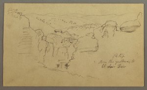 Teckning, Skiss. Vy över Khirbet en Wasara "Petra / från gångvägen till / El Deir", möjligen 1868, 26 februari av Frederic Edwin Church