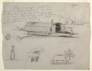 Ritning, skisser från Columbia - River Craft (Chapman), en kvinna, trädgrupp, ett hus av Frederic Edwin Church