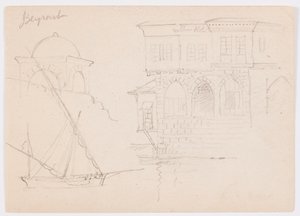 Teckning, Skisser av en kupolbyggnad, ett skepp och ett ståtligt hus, januari 1868 av Frederic Edwin Church