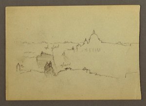 Teckning, Peterskyrkan sedd från norr mot Roms kullar och silhuett, januari 1869 av Frederic Edwin Church