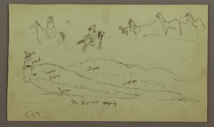 Teckning, Studier av figurer på åsnor och åsnor, figur på bergskedja, möjligen 1868 av Frederic Edwin Church