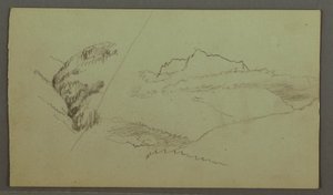 Teckning, Topp som reser sig över molnen, smal dal, möjligen 1868 av Frederic Edwin Church