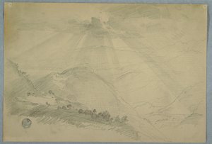 Teckning, Solen bryter igenom molnen över en bergsdal, Jamaica, juli 1865 av Frederic Edwin Church