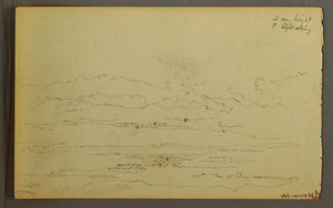 Teckning, Solnedgång bakom låga kullar, 1845 av Frederic Edwin Church
