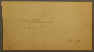 Teckning, Solnedgång bakom kullar, februari 1867 av Frederic Edwin Church