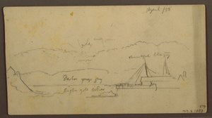 Teckning, Solnedgång över bank med fartyg, 1858 av Frederic Edwin Church