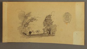 Teckning, Tre kor på en väg i skogen, ca 1845 av Frederic Edwin Church