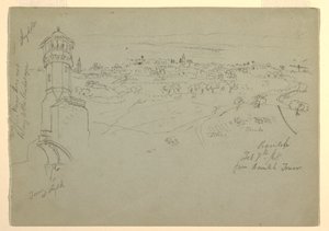 Ritning, Tornet vid Lydda och Ramleh sett från Ramleh Tower, Palestina [Ramleh, Israel], 7 och 10 februari 1868 av Frederic Edwin Church