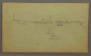 Teckning, Stad vid kusten, bergskedja bakom, 27 maj 1868 av Frederic Edwin Church