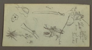 Teckning, Två figurer rider på hästar, bär spjut, svärd, nedre delen av en pistol, etc., möjligen 1868 av Frederic Edwin Church