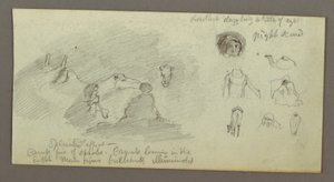 Teckning, Två figurer och två kameler vid lägereld, Figur- och kamelstudier, möjligen 1868 av Frederic Edwin Church