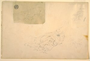 Teckning, Två händer som skakar, knotiga trädrötter, september 1844 av Frederic Edwin Church