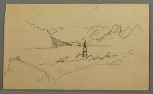 Teckning, Dal, Kyrka, St. Gilgen Österrike, möjligen 1868 av Frederic Edwin Church