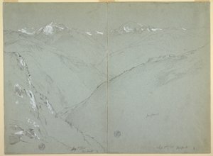 Teckning, Dallandskap med snöklädda toppar, Berner Alperna, Schweiz, del 1, 1 september 1868 av Frederic Edwin Church