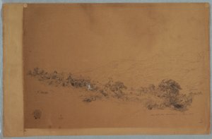 Ritning, Dalen med McAllisters sågverk, Colombia, juni 1853 av Frederic Edwin Church