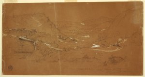 Ritning, Dal med bro och hus, nära Guaranda, Ecuador, 5 juni 1857 av Frederic Edwin Church