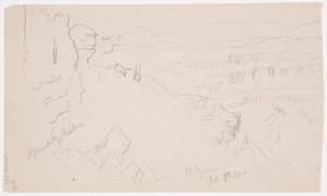 Teckning, Vy över kullarna och slätten mot bergen, El Yemens dal, februari 1868 av Frederic Edwin Church