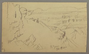 Teckning, Vy över kullarna och slätten mot bergen, El Yemens dal, februari 1868 av Frederic Edwin Church