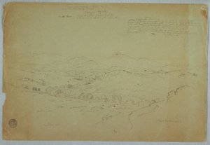 Teckning, Vy nära Popayan inklusive vulkanen Mount Purese,Cauca River, Colombia, 8 augusti 1853 av Frederic Edwin Church