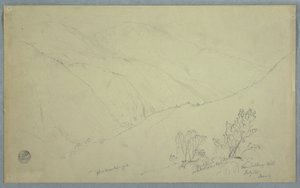 Teckning, utsikt över Blue Mountain Peak, sedd från närheten av Salloway Hill, Jamaica, juli 1865 av Frederic Edwin Church