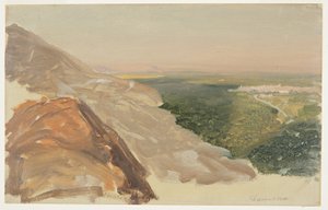 Teckning, Vy över en slätt med Damaskus, Syrien, från bergen, maj 1868 av Frederic Edwin Church