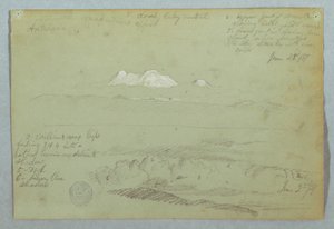 Teckning, Vy över vulkanen Artisana från eller nära Quito, och en molnig himmel över en bergsrygg, Ecuador, 23 juni 1857 av Frederic Edwin Church