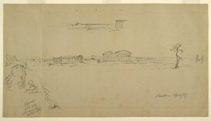 Teckning, Vyer över basilikan och Neptunustemplet, Paestum, Italien, april 1869 av Frederic Edwin Church