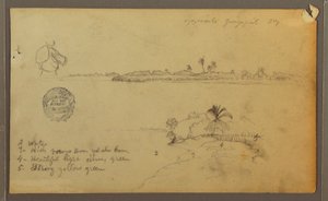 Teckning, Vy över Guayasflodens östra strand, mittemot Guayaquil, Ecuador, maj 1857 av Frederic Edwin Church