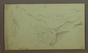 Teckning, By och brant bergsdal (Alperna), 1868-69 av Frederic Edwin Church