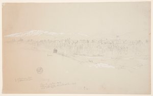 Teckning, byn Kuseiyeh, Libanonberget i fjärran, maj 1868 av Frederic Edwin Church