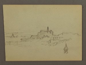 Teckning, Village on Hilltop, möjligen 1868-69 av Frederic Edwin Church