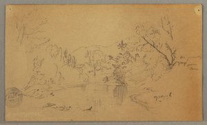 Teckning, Slingrande flod i en skogsklädd dal, Vermont, oktober 1865 av Frederic Edwin Church