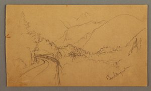 Ritning, Slingrande väg genom dal, hus, möjligen 1868 av Frederic Edwin Church