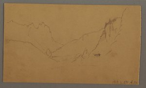 Ritning, Slingrande väg genom dal, hus, möjligen 1868 av Frederic Edwin Church