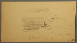 Teckning, skogsklädd bergstopp, kuperad dal, sol, januari 1866 av Frederic Edwin Church