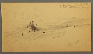 Teckning, skogsklädd bergstopp, kuperad dal, sol, januari 1866 av Frederic Edwin Church