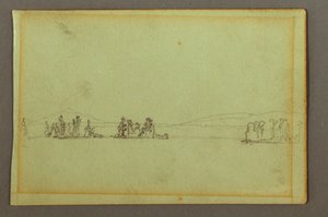 Teckning, Skogsbevuxna öar, kuperad strand, möjligen 1856 av Frederic Edwin Church