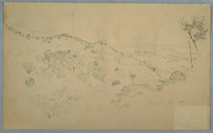 Teckning, Skogbevuxen dal med en stor ormbunke och avlägsna bergskedjor, Jamaica, juli 1865 av Frederic Edwin Church