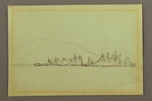 Teckning, Skogsklädd strand, berg, möjligen 1856 av Frederic Edwin Church