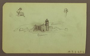 Teckning, kullar, kyrka, bro; Averso: figur, kors, kyrka, 1883 av Frederic Edwin Church