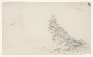 Vintergrönt träd nära stranden med en detalj av fyren och ett hus, Mount Desert, Maine av Frederic Edwin Church
