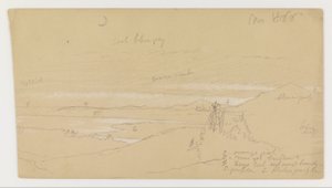Flod genom bergsdal med himmel och halvmåne av Frederic Edwin Church