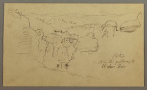Skiss. Utsikt över Khirbet en Wasara "Petra / från delvägen till / El Deir" av Frederic Edwin Church