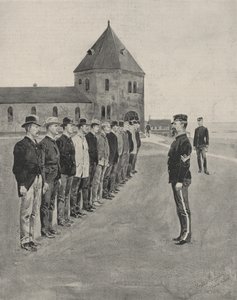 En första lektion i krigets konst. Rekryterar till de ytterligare två artilleriregementena vid Fort Slocum, Davids Island, Long Island Sound av Frederic Remington
