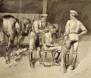 En hårklippning i ett kavalleristall av Frederic Remington
