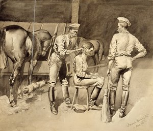 En frisyr i ett kavalleristall, ca 1893 (wc på papper) av Frederic Remington