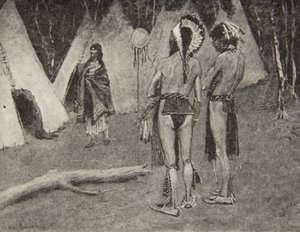 Och hennes älskare, de avvisade,... Vackra män med färg och fjädrar, ur Hiawatas sång av Henry Wadsworth Longfellow (1807-82), utgiven av George G. Harrap und Company Ltd., 1911. av Frederic Remington