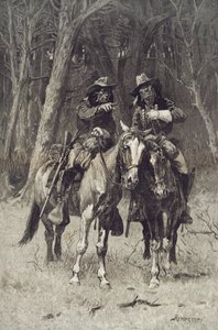 Cheyenne-scouter patrullerar Big Timber of the North Canadian, Oklahoma, 6 april av Frederic Remington