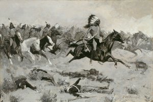 Rinnande röda loger som passerar genom linjen av Frederic Remington