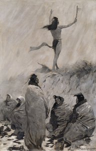 Eldätaren höjde sina armar mot åskfågeln, ca. 1900. av Frederic Remington